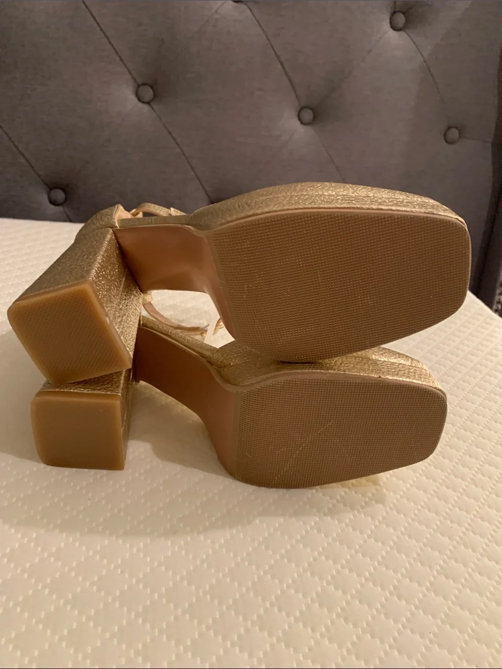 Gold Platform Block Heel Pumps with Ankle Strap